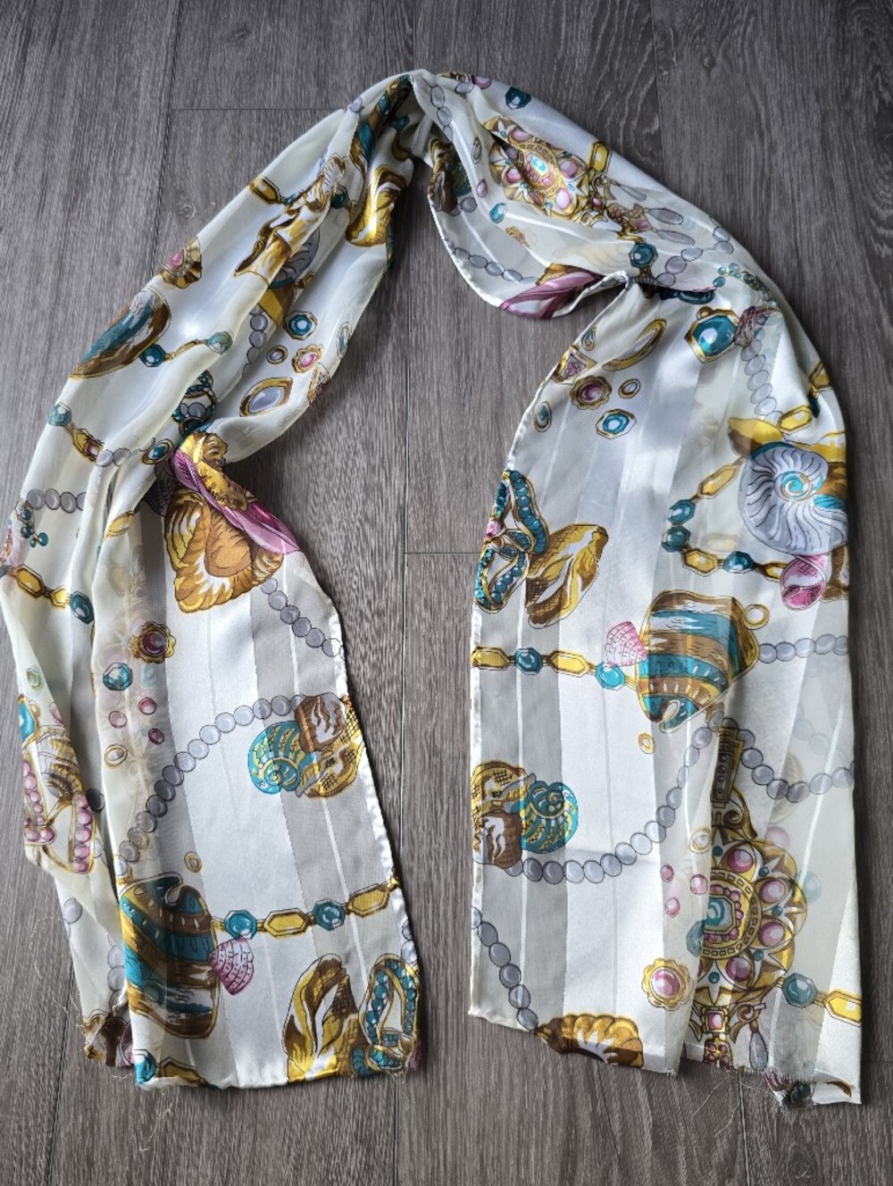 Satin Stripe Oblong Scarf Nautical Seashell Pearl Jewel Print Cream Gold Long